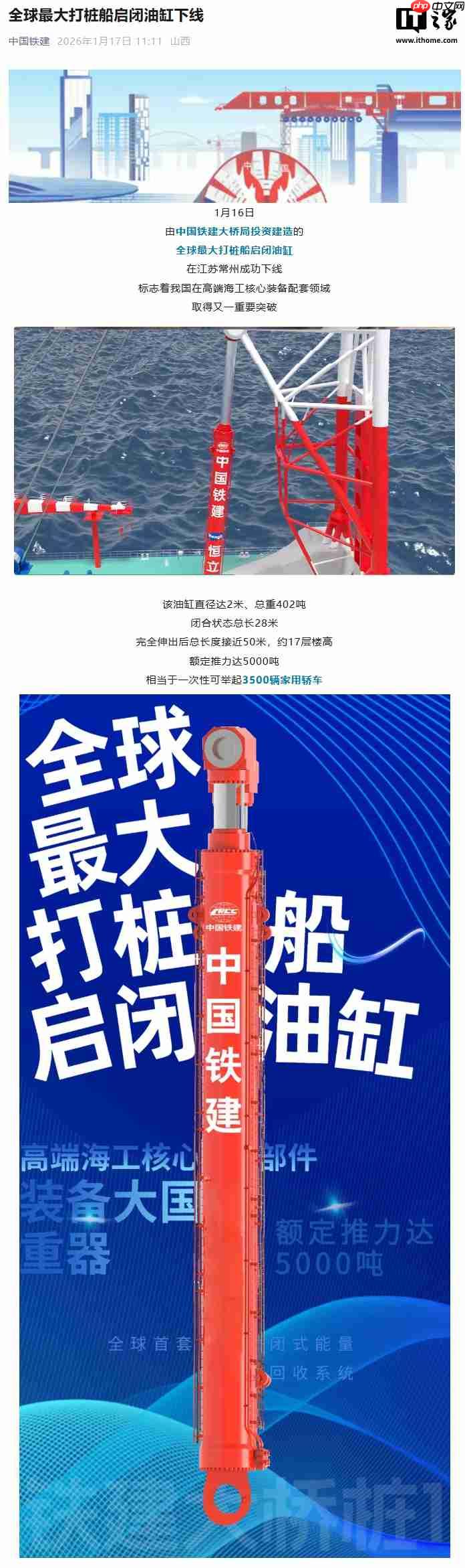 全球最大打桩船启闭油缸下线，一次性可举起“3500 辆家用轿车”  第1张