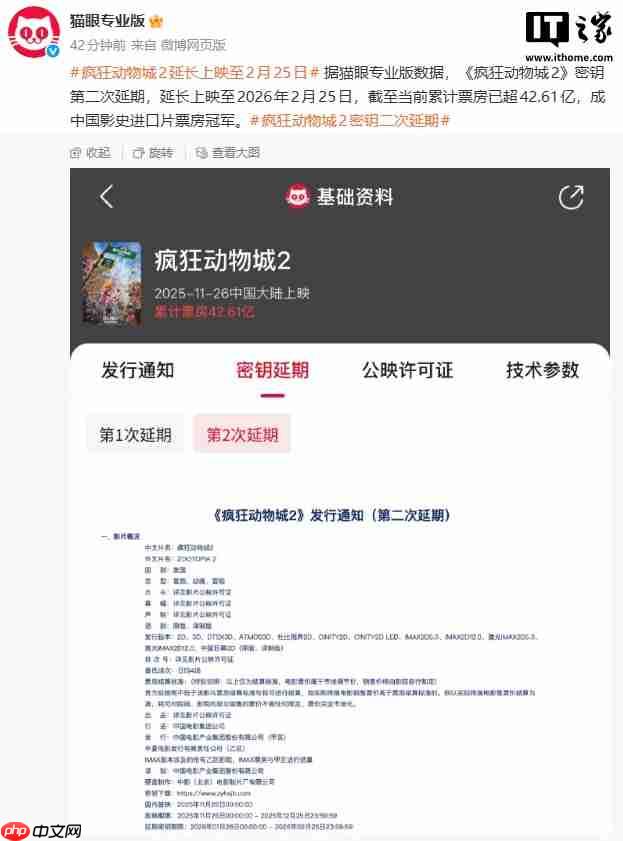 中国影史进口片票房冠军，《疯狂动物城 2》延长上映至 2 月 25 日