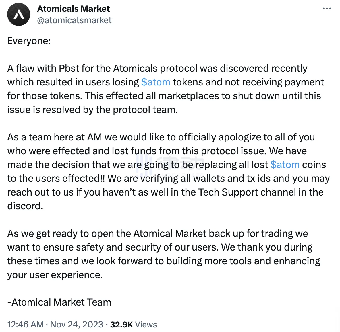 事件新进展｜Atomicals Market换帅，新团队全额赔付「0 元购」事件受损的3.3万枚$ATOM插图2
