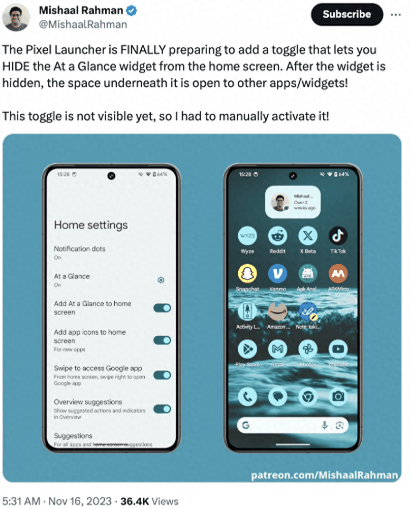 Android 14 QPR2更新了什么?谷歌Pixel可关闭At a Glance功能插图 Android 14 QPR2更新了什么?谷歌Pixel可关闭At a Glance功能插图