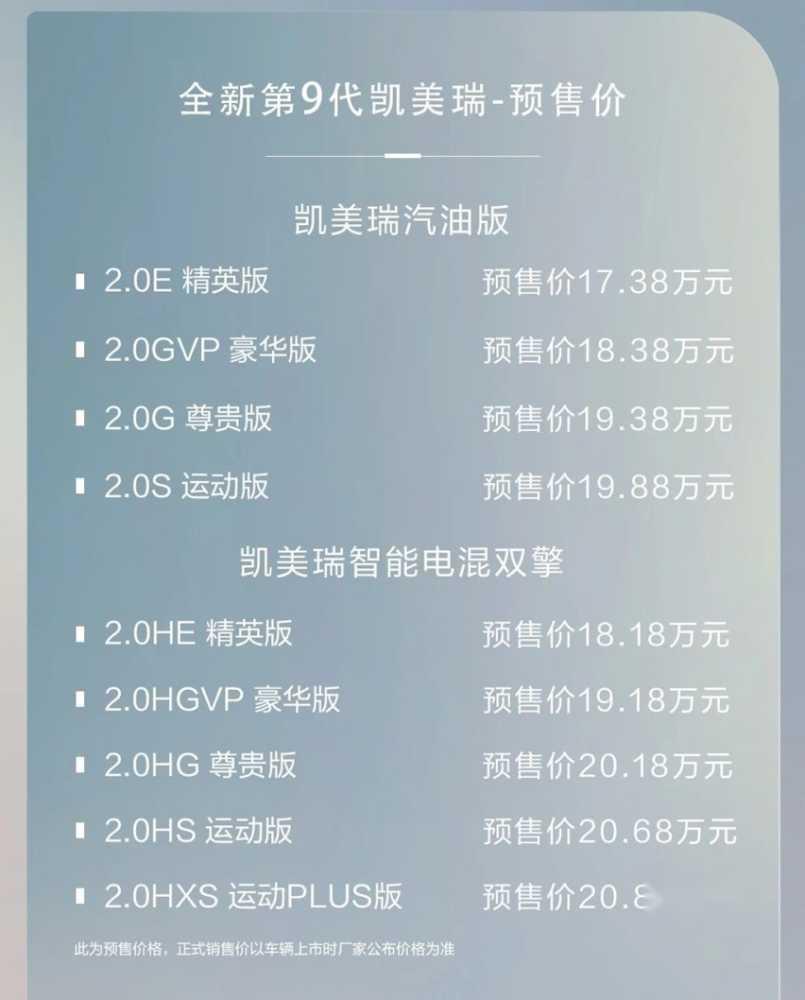 丰田新一代凯美瑞预售17.38万起 共推7款车型