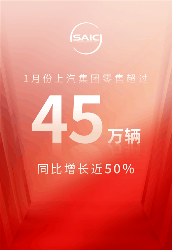 上汽集团公布1月零售超45万台：自主品牌独占1/2