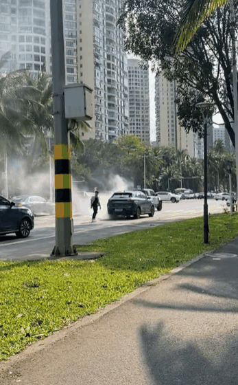 海口一辆新能源汽车街头自燃：从冒烟到烧毁仅5分钟 车主旁观无奈
