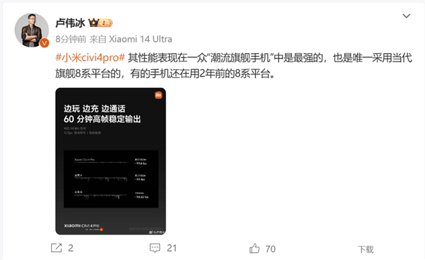 卢伟冰评价小米Civi 4 Pro:最强潮流旗舰 友商还在用2年前的8系插图1 卢伟冰评价小米Civi 4 Pro:最强潮流旗舰 友商还在用2年前的8系