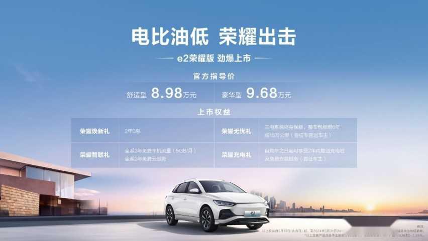 8.98万元-9.68万元，家庭纯电优选比亚迪e2荣耀版正式上市