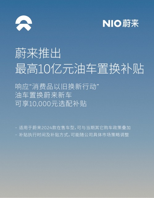 蔚来推出10亿元油车置换补贴 置换2024款新车可享1.5万选装基金+1台NIO Phone