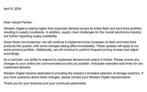 西部数据发出调价函，HDD 和 SSD 硬盘业务均出现供应短缺