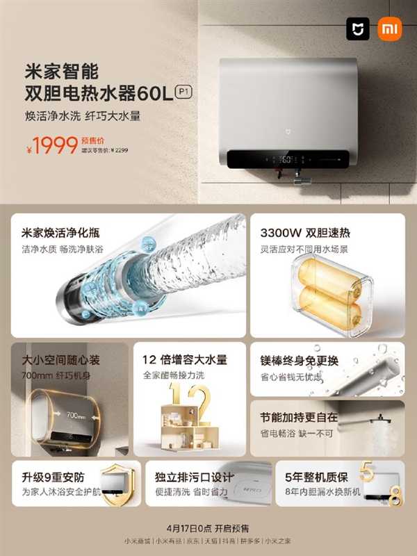 1999元 米家智能双胆电热水器60L P1上市:3300W双胆速热插图2 1999元 米家智能双胆电热水器60L P1上市:3300W双胆速热