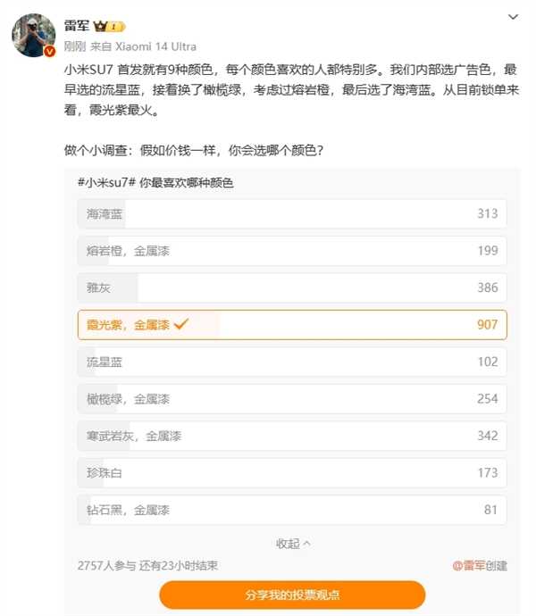 雷军：小米SU7首发9种配色 霞光紫最受欢迎
