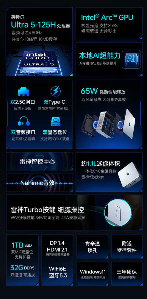 雷神 MIX PRO 迷你主机上市:Ultra 5 125H 准系统售价 2999 元插图6 雷神 MIX PRO 迷你主机上市:Ultra 5 125H 准系统售价 2999 元