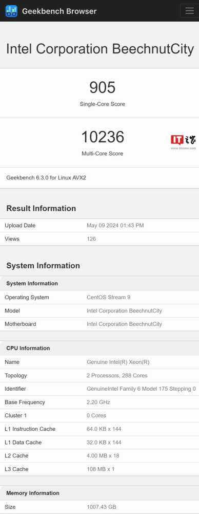 144 核 180MB 缓存，英特尔 Sierra Forest 处理器再次现身测试数据库