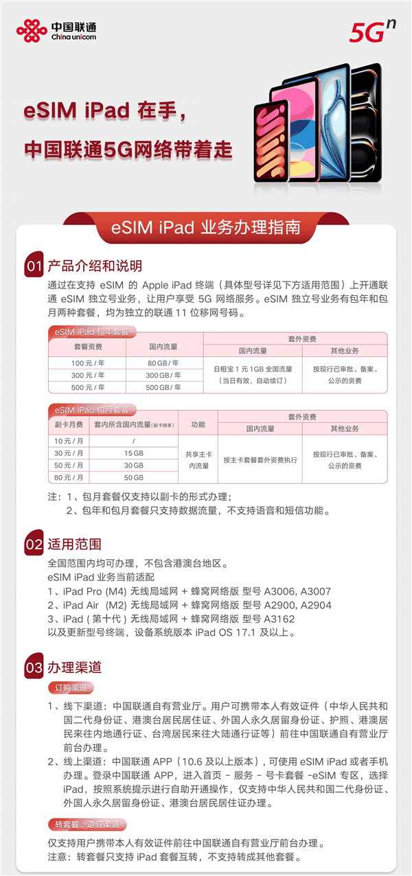 中国联通eSIM业务适配全新iPad Pro/Air:包年100元流量80GB起插图1 中国联通eSIM业务适配全新iPad Pro/Air:包年100元流量80GB起