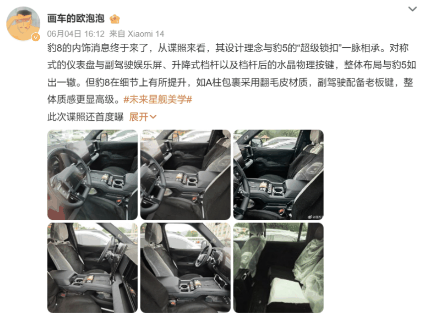 黑色炫酷！比亚迪方程豹豹 8 内饰谍照曝光，越野风格独树一帜