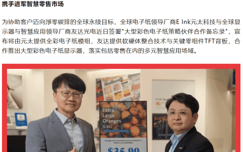 元太与友达合作打造大型彩色电子纸显示器，用于零售等领域