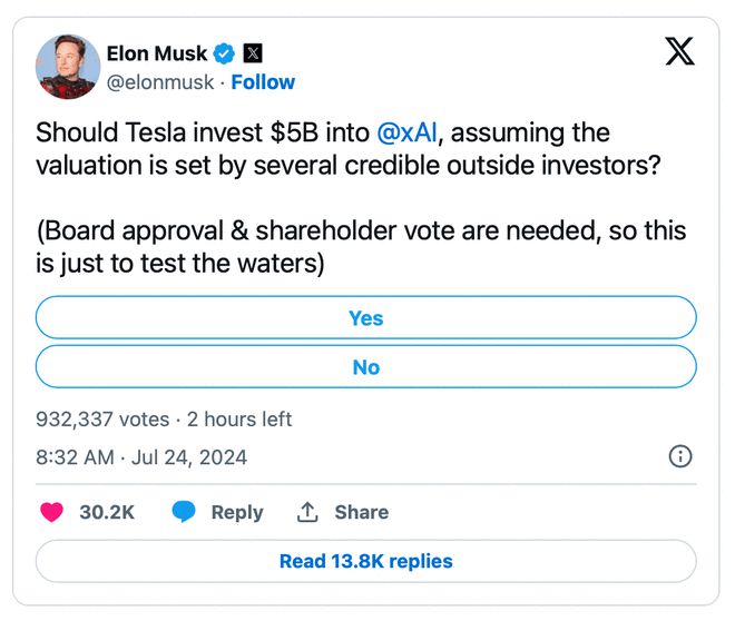 马斯克询问网友：特斯拉向xAI投50亿美元行不行
