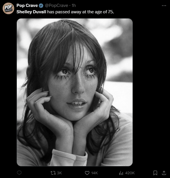 经典恐怖电影《闪灵》女主角谢莉·杜瓦尔去世：糖尿病并发症 享年75岁