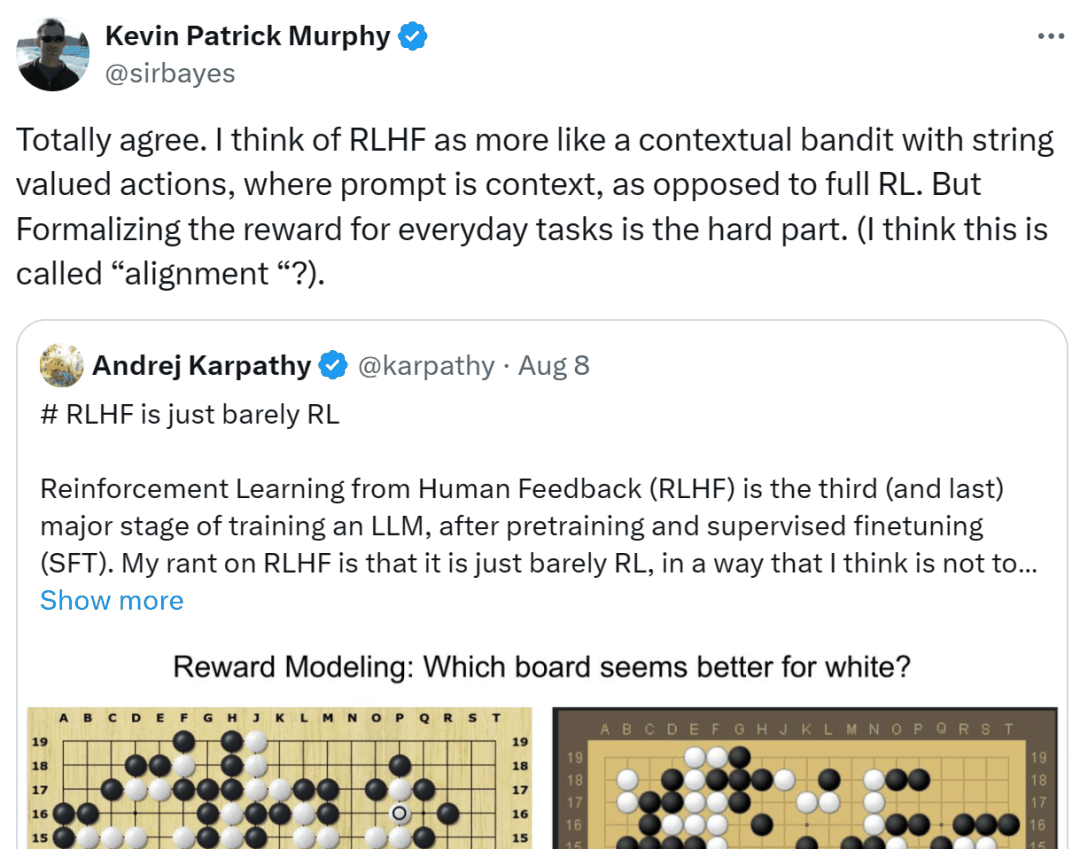 Karpathy观点惹争议:RLHF不是真正的强化学习,谷歌、Meta下场反对插图3 Karpathy观点惹争议:RLHF不是真正的强化学习,谷歌、Meta下场反对