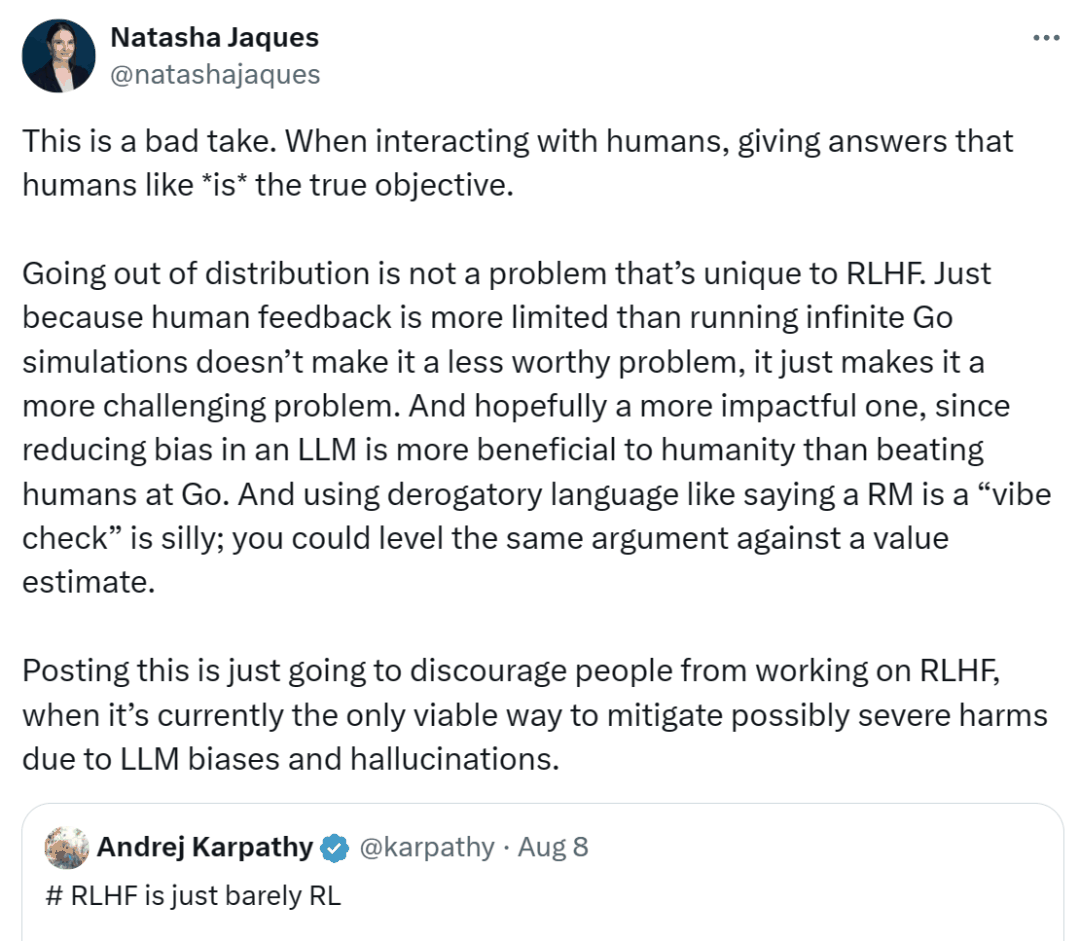 Karpathy观点惹争议:RLHF不是真正的强化学习,谷歌、Meta下场反对插图4 Karpathy观点惹争议:RLHF不是真正的强化学习,谷歌、Meta下场反对