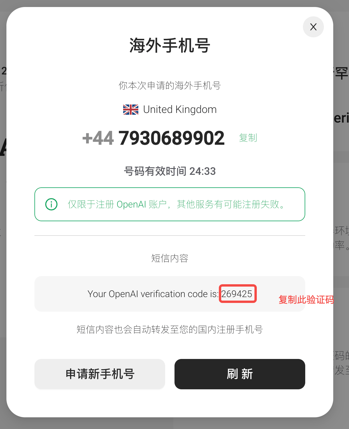 WildCard phone get verification code 海外手机号码获取到 OpenAI 验证码页面