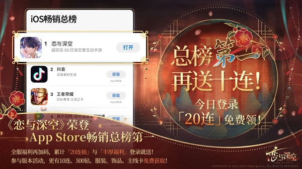 乙女手游《恋与深空》登顶苹果App Store畅销榜：超越抖音、《王者荣耀》