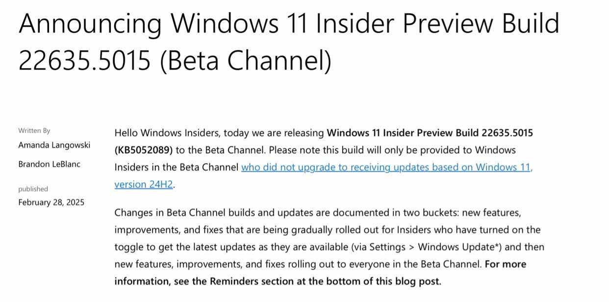 Win11 Beta 22635.5015预览版今日发布:附KB5052089完整更新日志插图 Win11 Beta 22635.5015预览版今日发布:附KB5052089完整更新日志插图