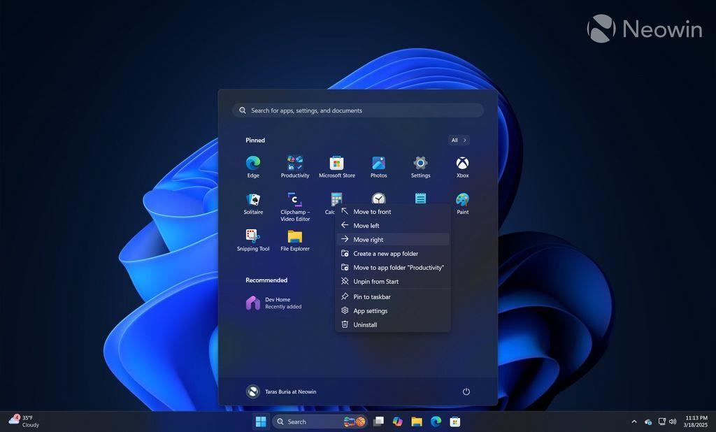Win11预览版新升级:开始菜单右键新增左/右移动选项