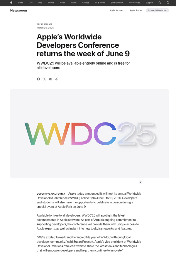 苹果官宣“WWDC25”：6月9日拉开帷幕 重点介绍软件最新进展