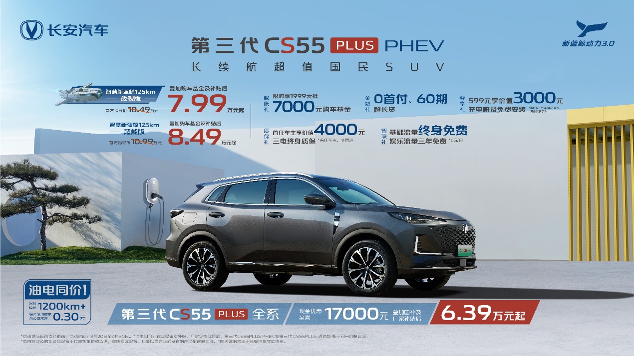 长安第三代CS55PLUS PHEV发布，智慧新蓝鲸3.0，实测每公里0.29元