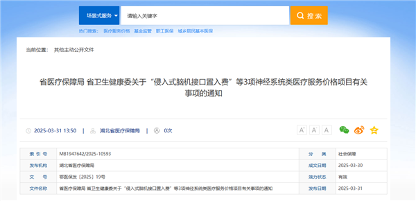 全国首个！湖北为脑机接口医疗服务定价：966元起