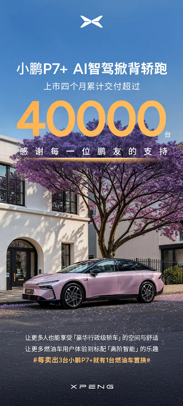 20万级AI智驾轿跑！小鹏P7+上市四个月累计交付突破40000大关