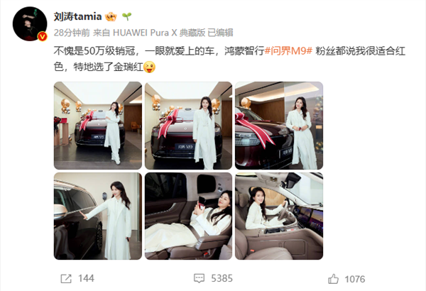 演员刘涛喜提问界M9 直呼：一眼就爱上的车