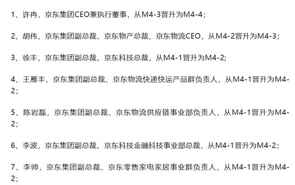 曝京东多名高管晋升：包括CEO许冉、胡伟、徐丰等7人