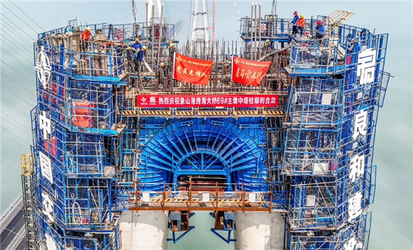 全长约8.3公里！宁波象山港跨海大桥南中塔柱云端合龙