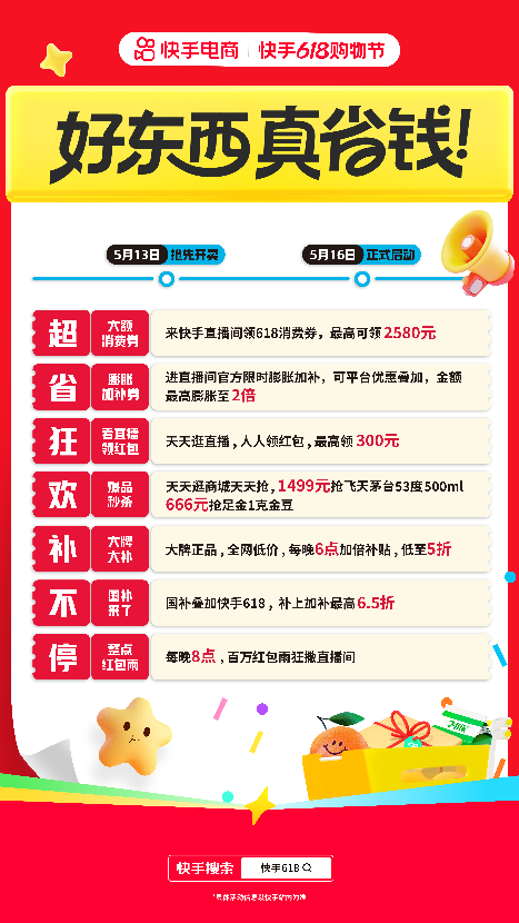 快手618购物节正式开启：直播间领大额消费券 超省狂欢补不停