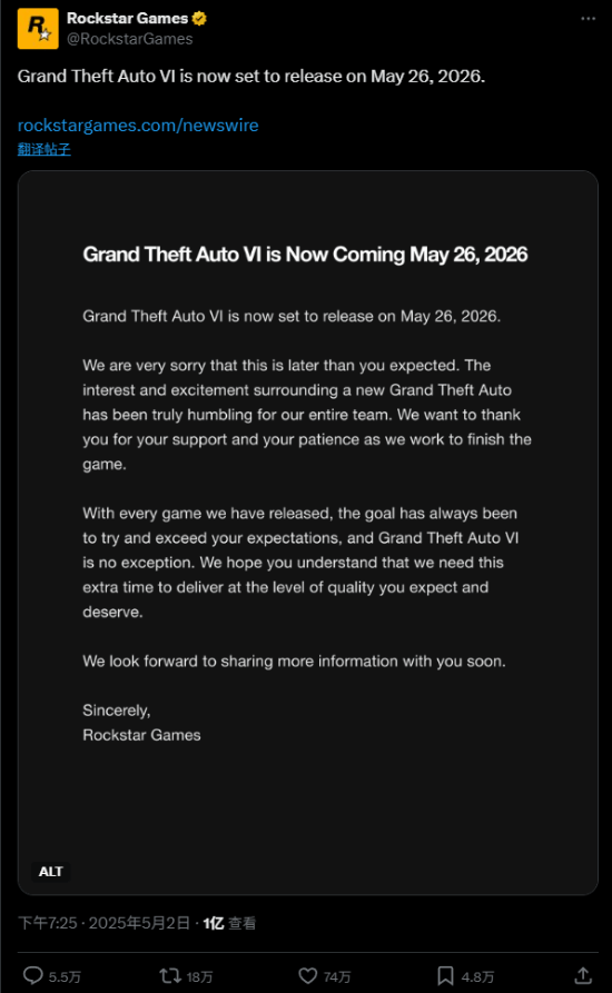 这就是顶流!《GTA6》跳票公告引爆全网 浏览量破亿插图 这就是顶流!《GTA6》跳票公告引爆全网 浏览量破亿