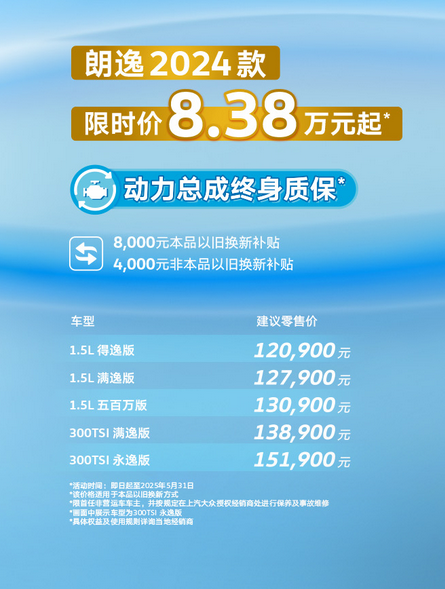 紧凑型轿车销冠！大众朗逸公布5月购车政策：限时价8.38万元起