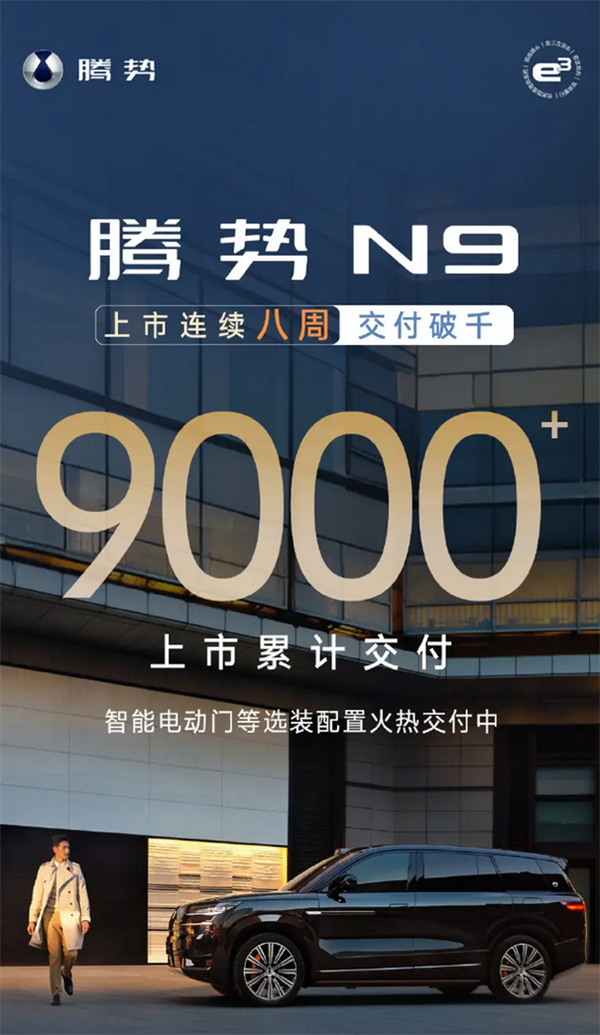 连续八周交付破千！比亚迪腾势N9累计交付突破9000台