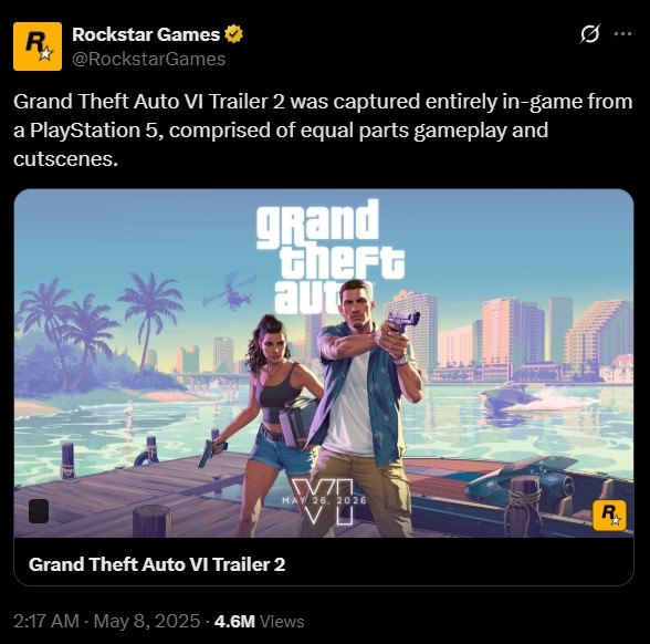 《GTA 6》预告片画面由PS5生成