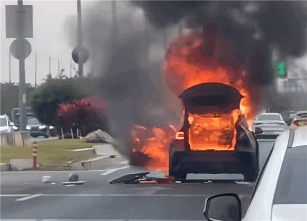 特斯拉疑撞上护栏后起火：现场火势凶猛 黑烟滚滚