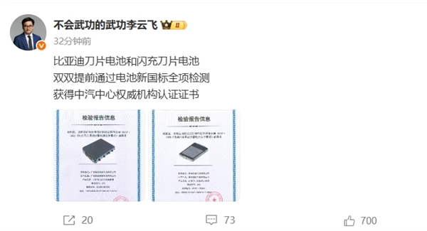 不起火、不爆炸！比亚迪：刀片电池和闪充刀片电池提前通过2025新国标全项检测
