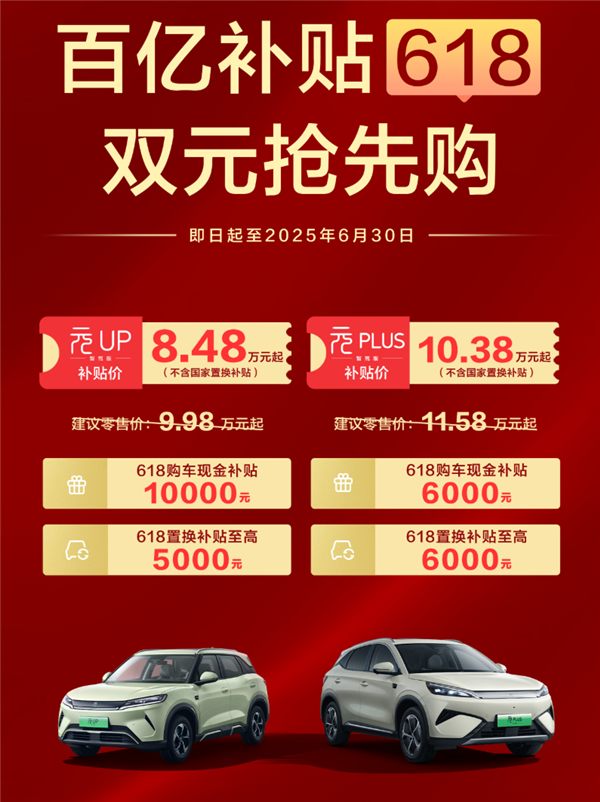 拉爆合资车！比亚迪元UP/PLUS智驾版限时补贴：8.48万元到手