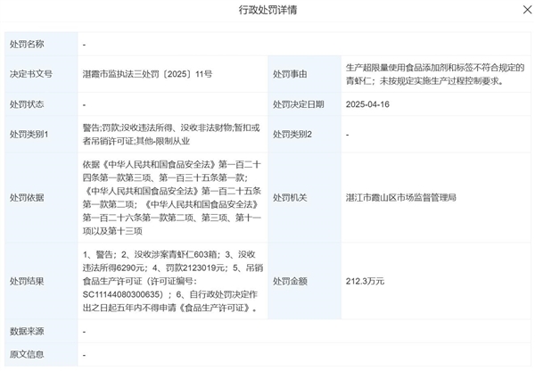 315曝光的保水虾仁涉事企业现状：违法所得已被没收并被罚款