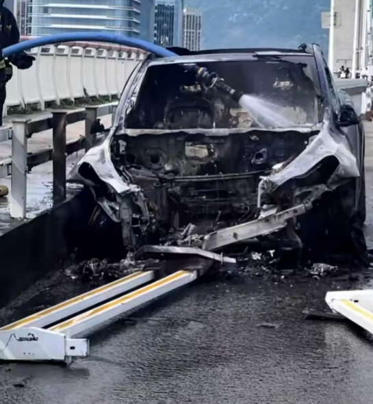 特斯拉疑撞上护栏后起火：现场火势凶猛 黑烟滚滚