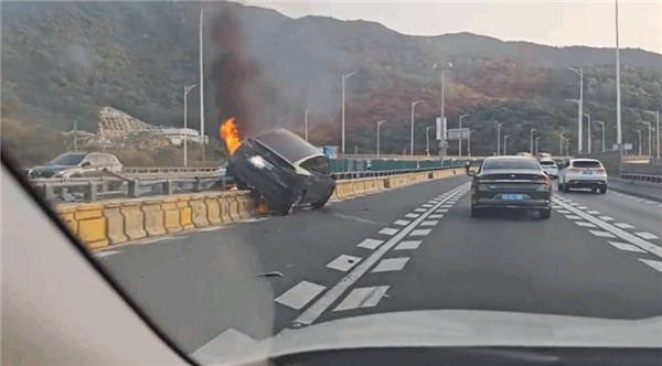 特斯拉疑撞上护栏后起火：现场火势凶猛 黑烟滚滚