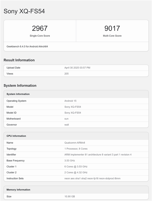 本月发布!索尼Xperia 1 VII跑分出炉:确认搭载骁龙8至尊版插图1 本月发布!索尼Xperia 1 VII跑分出炉:确认搭载骁龙8至尊版