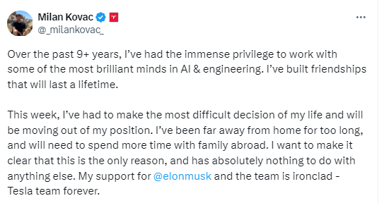 特斯拉人形机器人Optimus项目负责人宣布离职：希望更多陪伴家人