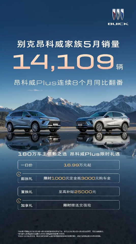 别克昂科威家族5月销量14109辆：Plus车型连续8个月同比翻番