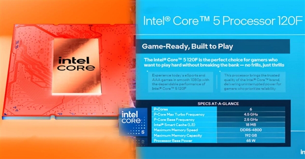 Intel纯P核CPU发布在即！入门级酷睿5 120F曝光：6个P核、最大4.5GHz
