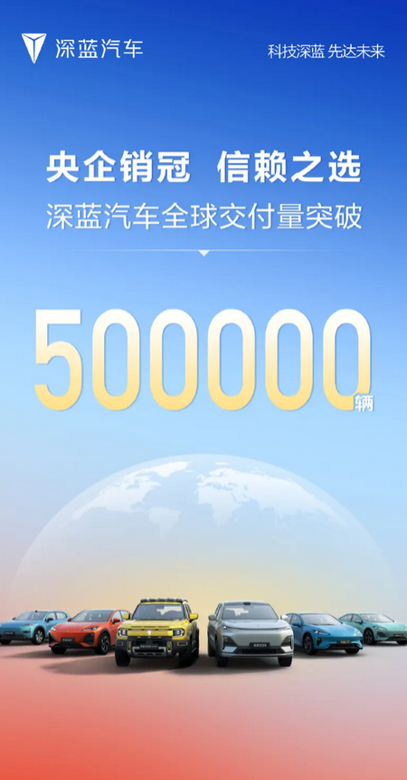 深蓝汽车：全球交付量正式突破500000台