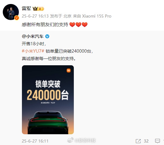 开售18小时锁单量突破240000台！雷军：感谢所有朋友们的支持